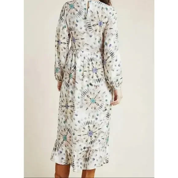 Anthropologie X Kachel Chiara Ruffle Long Sleeve Watercolor Midi Dress 6 (UK 10) - Picture 3 of 16
